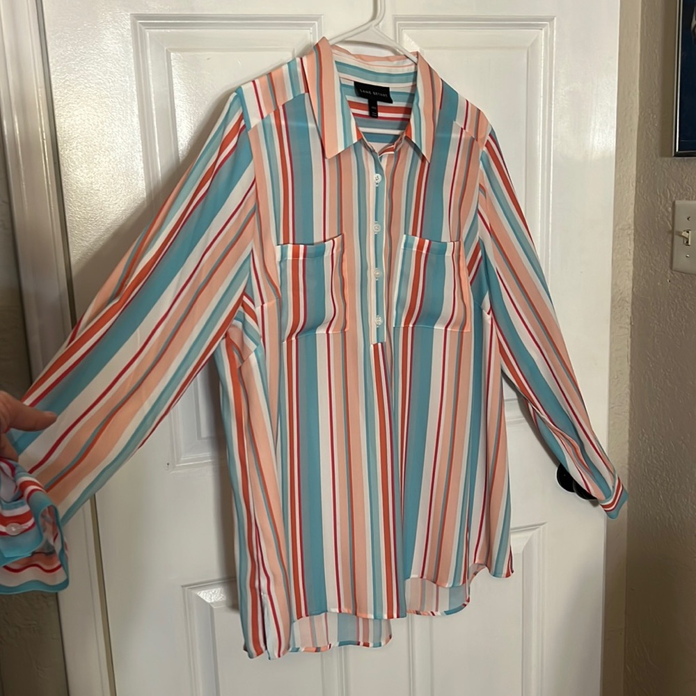 Lane Bryant long style tunic button down blouse. Sleeves can be worn rolled up.